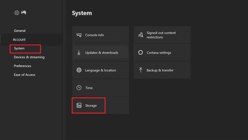 Vaya a la pestaña Sistema y seleccione la opción Almacenamiento.  Solucionar el error 6032 de Call of Duty Vanguard Dev en Xbox