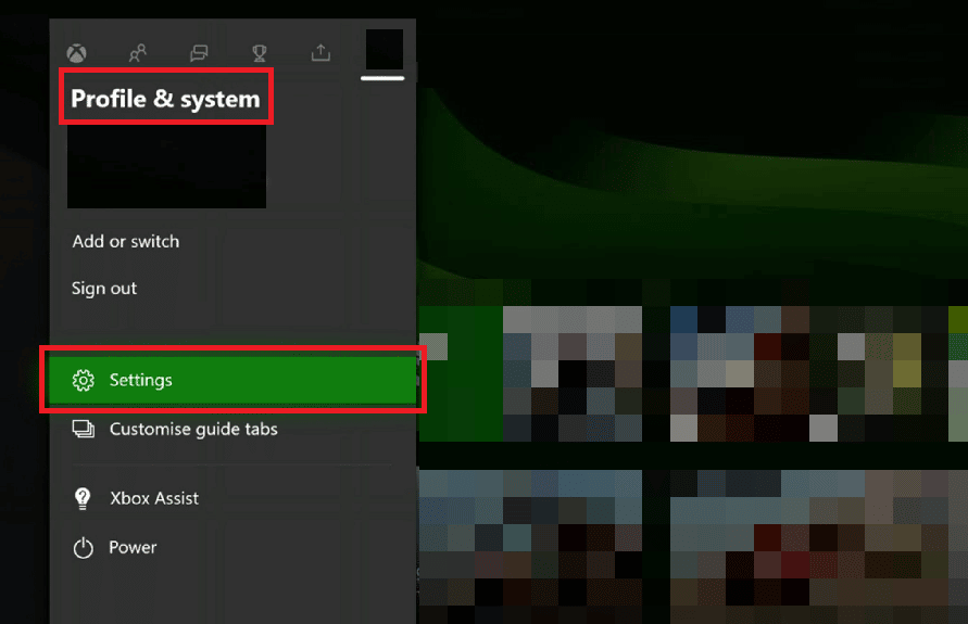 Presiona el botón Xbox y selecciona la opción Configuración en la sección Perfil y sistema.  Solucionar el error 6032 de Call of Duty Vanguard Dev en Xbox