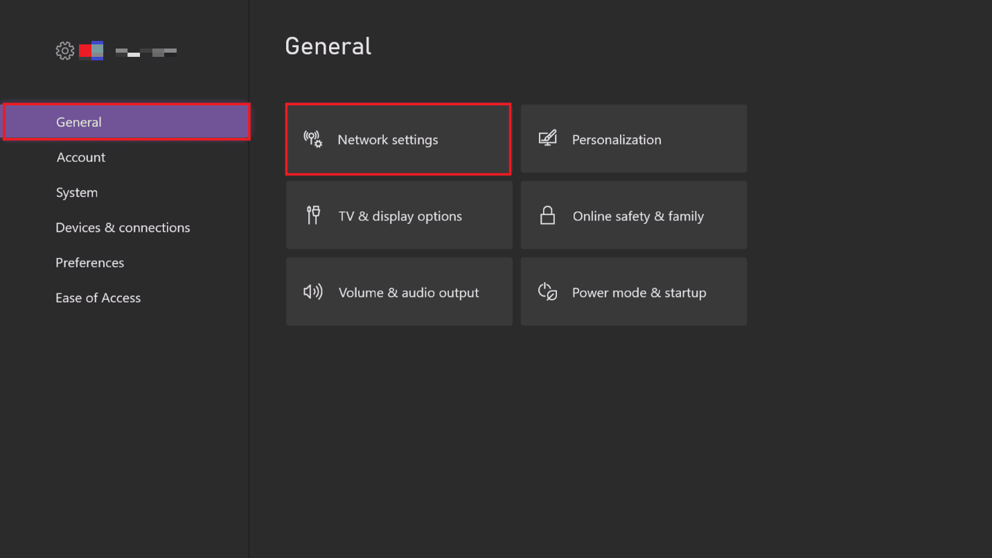 seleccione la opción Configuración de red.  Solucionar el error 6032 de Call of Duty Vanguard Dev en Xbox