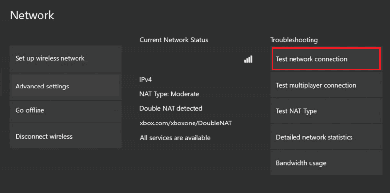 Seleccione la opción Probar conexión de red en la sección Solución de problemas para probar la velocidad de la red.  Solucionar el error 6032 de Call of Duty Vanguard Dev en Xbox