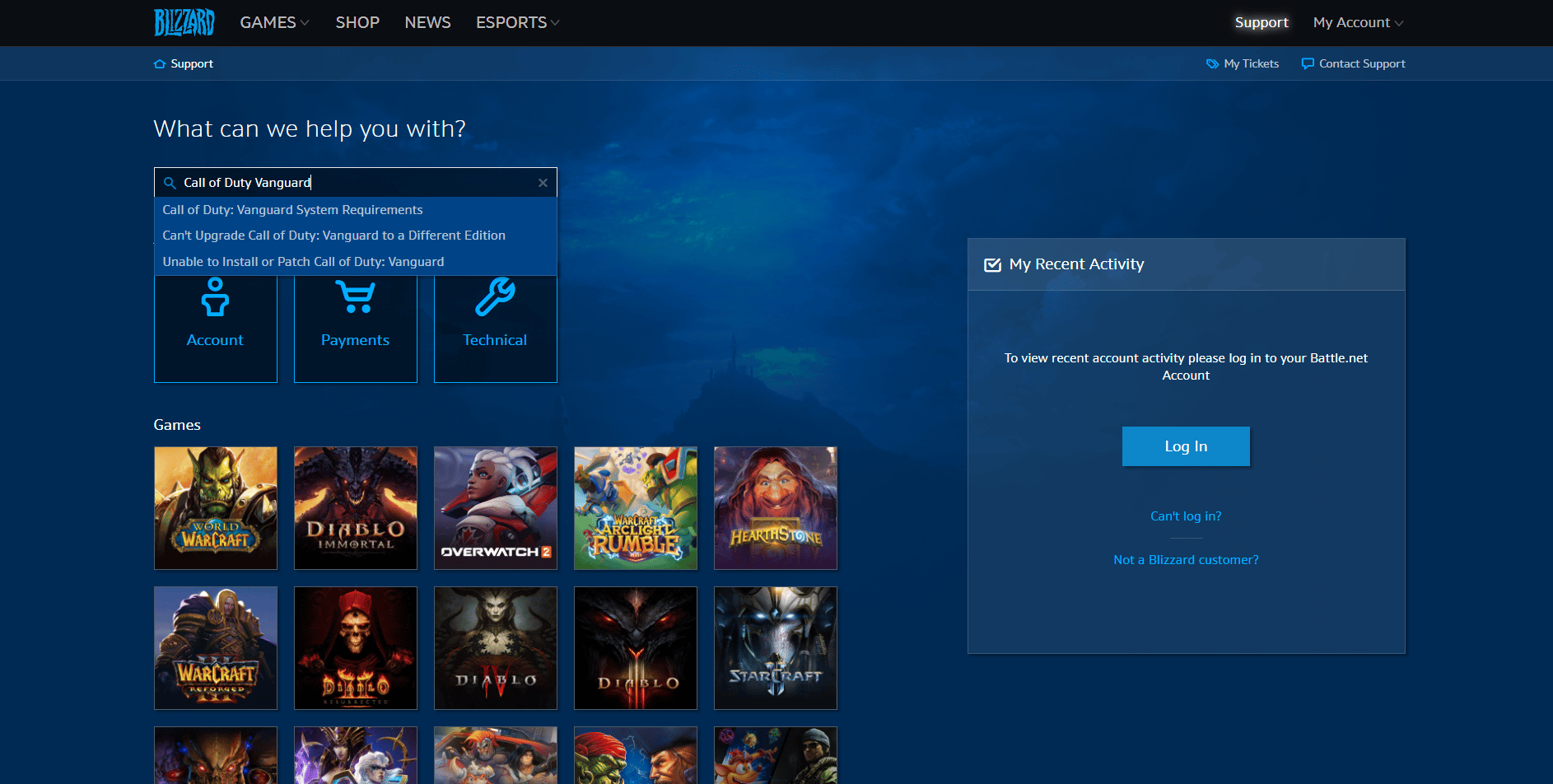 Página de soporte de Blizzard.  Solucionar el error 6032 de Call of Duty Vanguard Dev en Xbox
