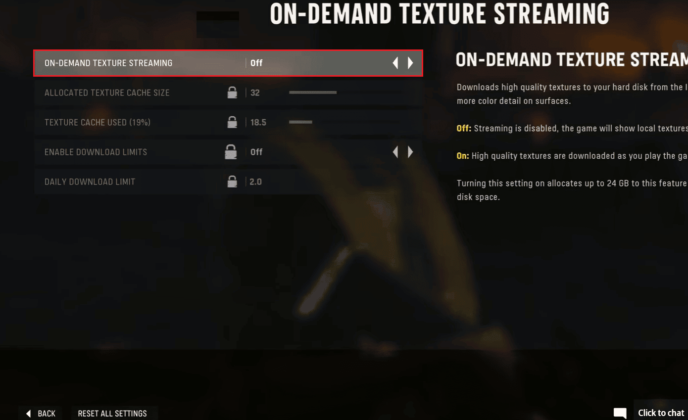apague la transmisión de texturas ON Demand en la configuración de gráficos COD Vanguard
