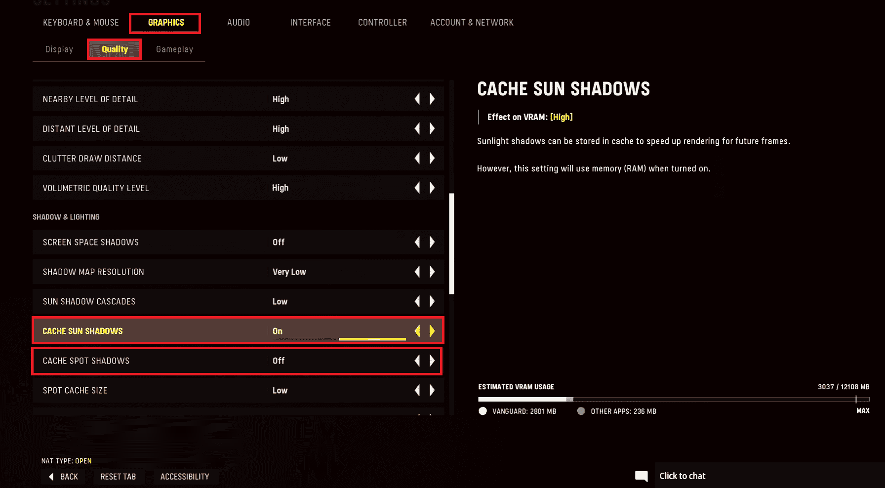 desactive las sombras puntuales de caché y las sombras solares de caché en la configuración de calidad de gráficos del juego COD Vanguard