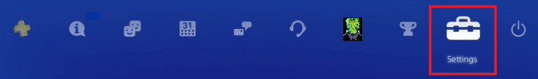 Seleccione Configuración en el menú principal PS4 |  cambie la cuenta de su hijo a una cuenta de padres en PS4