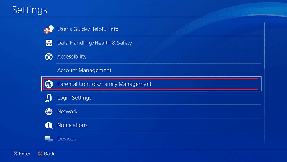 Seleccione Controles parentales/Gestión familiar |  Cómo eliminar a un miembro de la familia en PS4