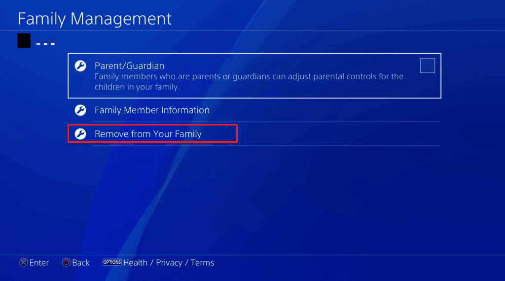 Seleccione la opción Quitar de su familia |  Cómo eliminar a un miembro de la familia en PS4 |  cambie la cuenta de su hijo a una cuenta de padres en PS4