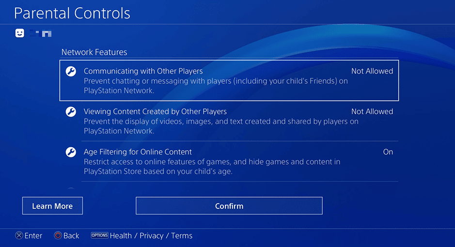Ajuste la configuración proporcionada en Funciones de red según su deseo |  cambie la cuenta de su hijo a una cuenta de padres en PS4