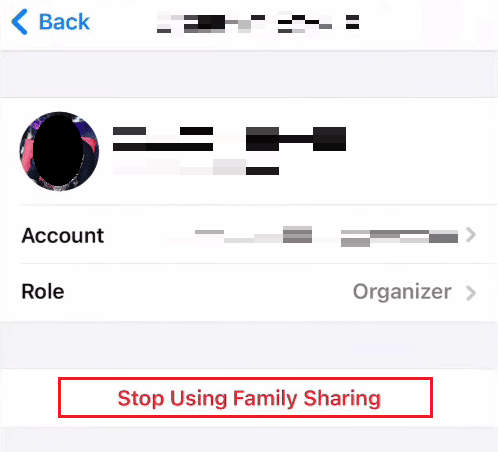 Toque-en-Dejar-de-usar-Family-Sharing iOS Family link |  Cómo eliminar a un miembro de la familia en PS4