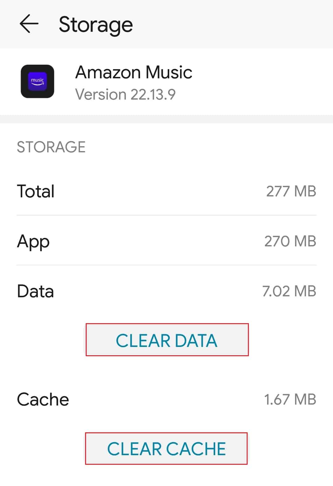borrar datos y borrar caché en la configuración de almacenamiento de la aplicación Amazon Music Android