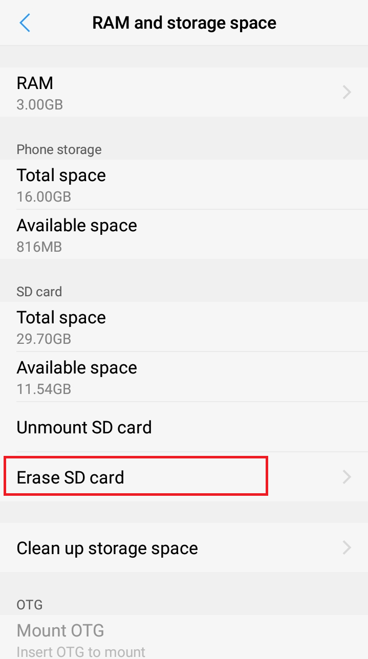 haga clic en Borrar tarjeta SD.  Arreglar Amazon Music sin descargar el error 200