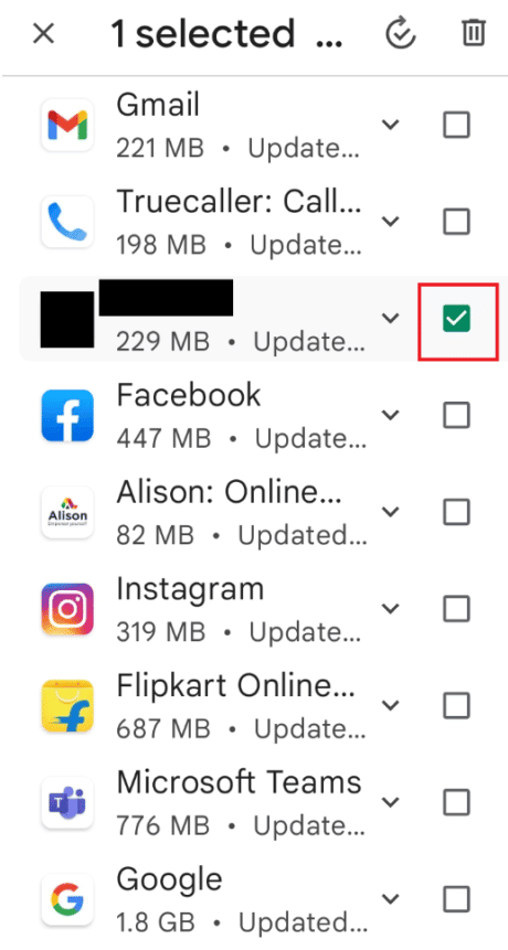 seleccione la aplicación y toque el icono de la papelera.  Arreglar Amazon Music sin descargar el error 200