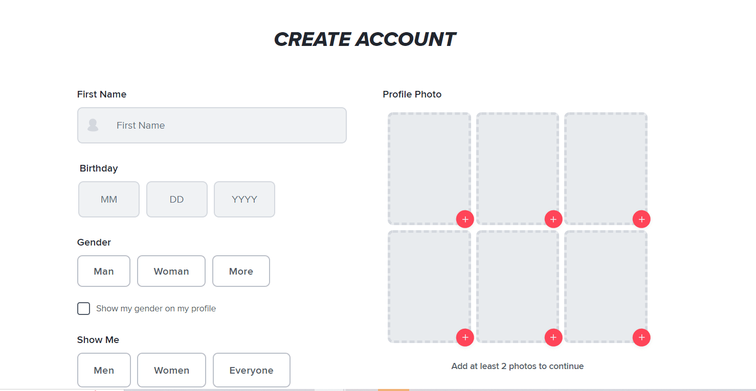 Complete los detalles requeridos en la página CREAR CUENTA |  Cómo omitir la verificación del número de teléfono de Tinder