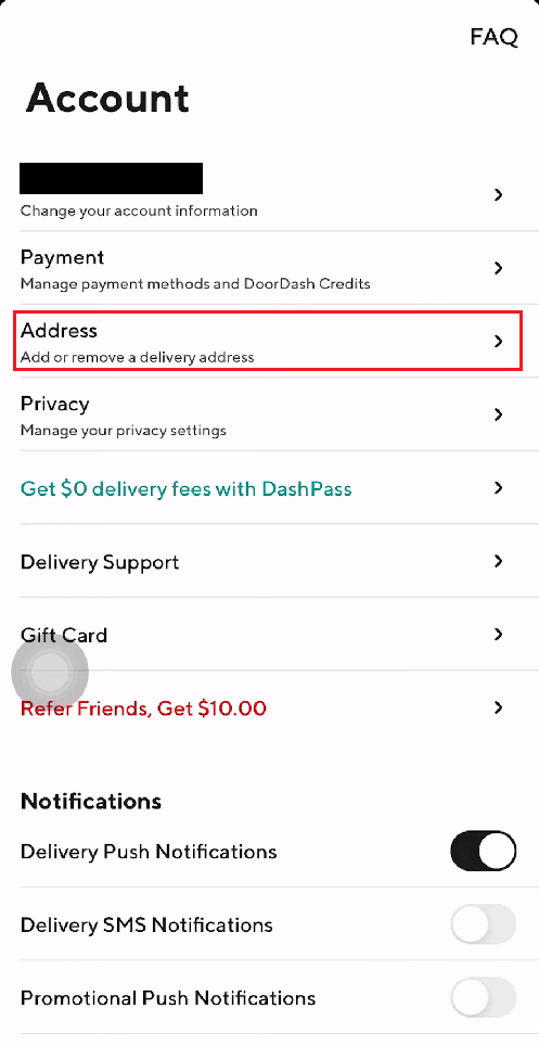 Inicie la aplicación DoorDash y toque el ícono de perfil - Dirección