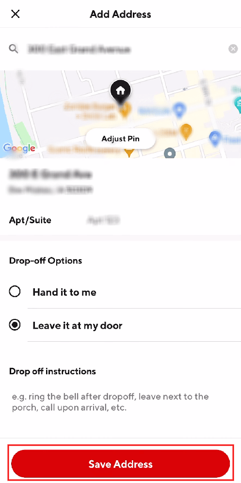 Toque Guardar dirección para agregar la dirección a su cuenta y guardarla como la principal |  Cómo cambiar la dirección en el controlador de DoorDash |  elimine su cuenta de DoorDash y cree una nueva