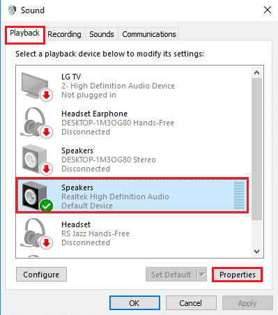 seleccione el dispositivo de audio y haga clic en el botón Propiedades