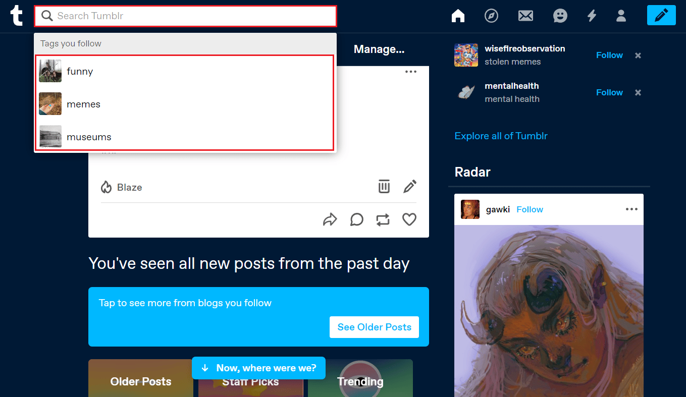 etiquetas que sigues en la barra de búsqueda de tu cuenta de Tumblr