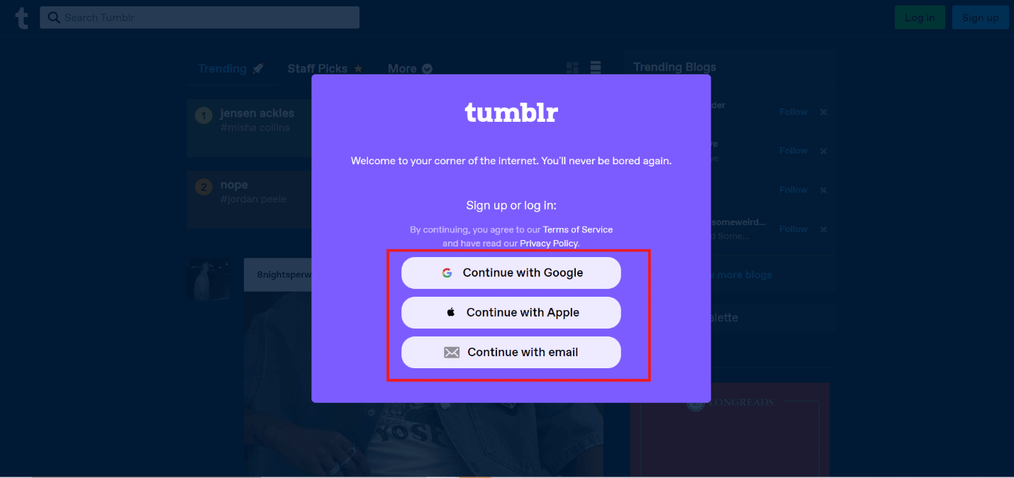 elige cualquier opción para iniciar sesión en tu cuenta |  mira tu archivo en Tumblr
