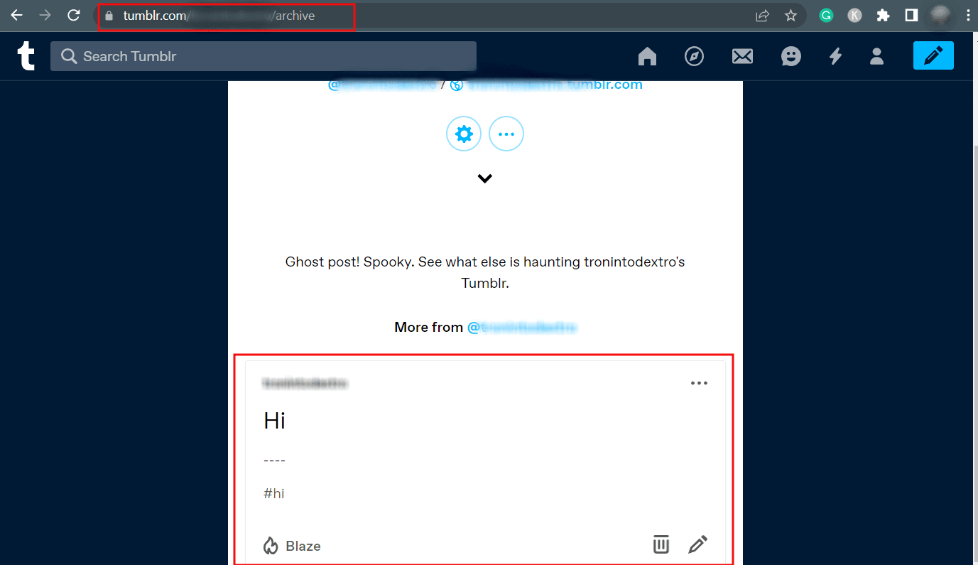 Agregue la palabra archivo al final de la URL de su perfil de Tumblr