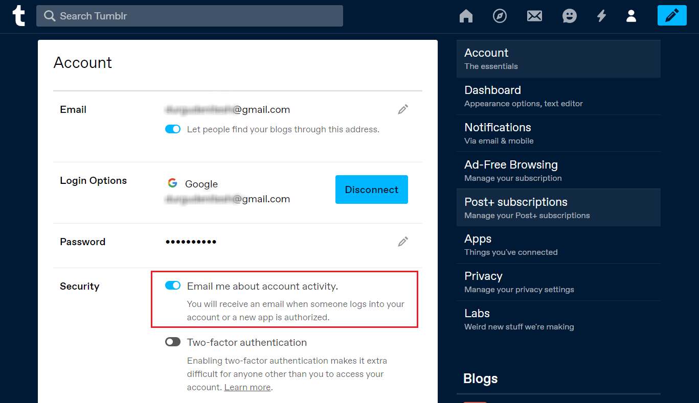 active la opción Enviarme un correo electrónico sobre la actividad de la cuenta para recibir los correos electrónicos de actividad con regularidad |  mira tu archivo en Tumblr