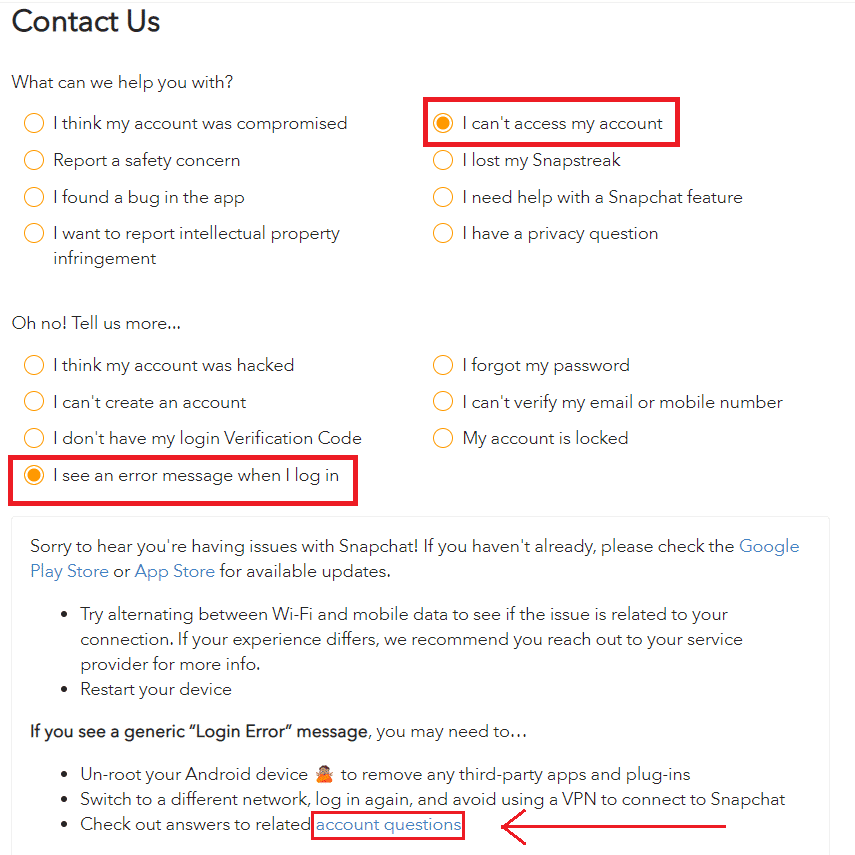 Haga clic en No puedo acceder a mi cuenta - Veo un mensaje de error cuando inicio sesión - preguntas sobre la cuenta
