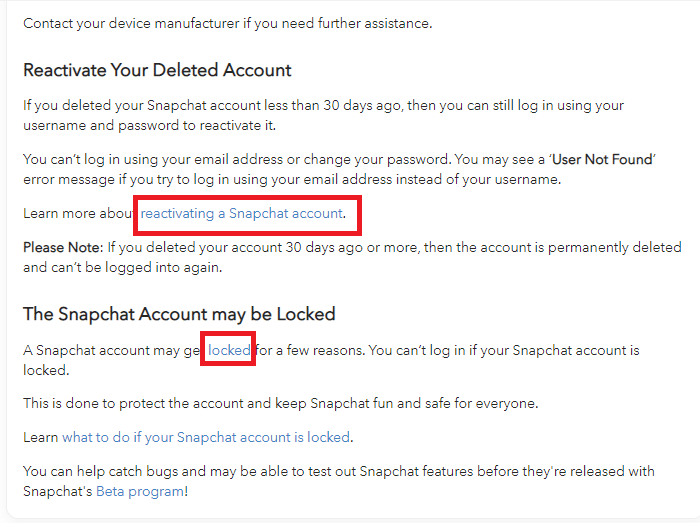 Seleccione reactivar la cuenta de Snapchat o la opción bloqueada para recuperar su cuenta de Snapchat
