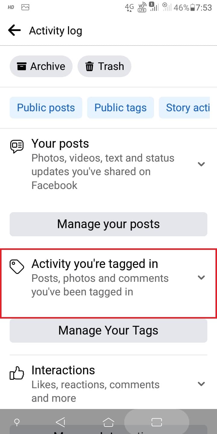 Toca Actividad en la que estás etiquetado. | Cómo borrar todas tus fotos de Facebook
