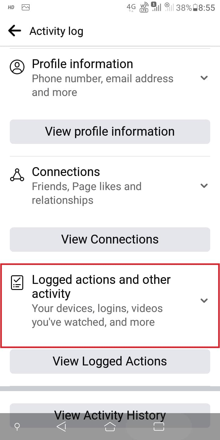Desplácese hacia abajo a través de su Registro de actividad para tocar Acciones registradas y otras actividades. | Cómo borrar todas tus fotos de Facebook