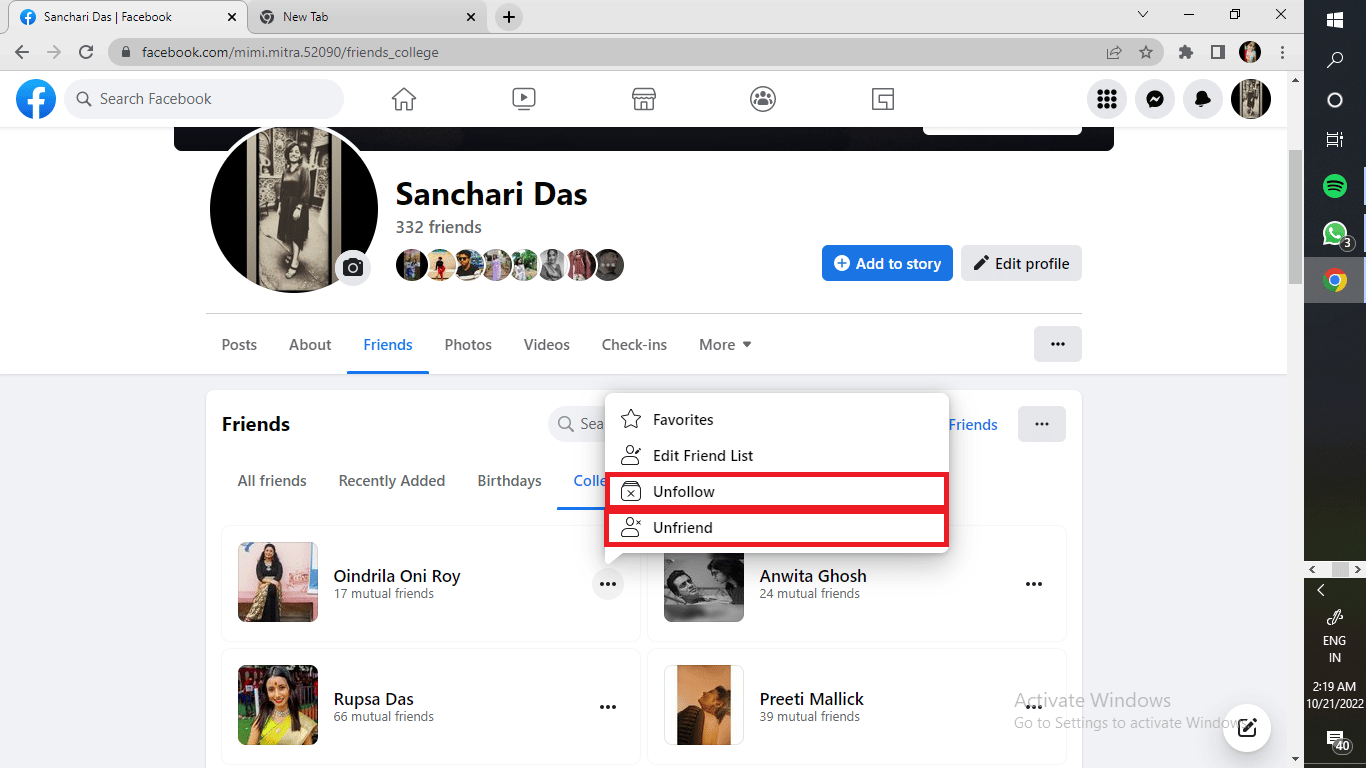 Puede eliminarlos como amigos o dejar de seguirlos para eliminarlos de su lista de amigos. | Cómo borrar todas tus fotos de Facebook