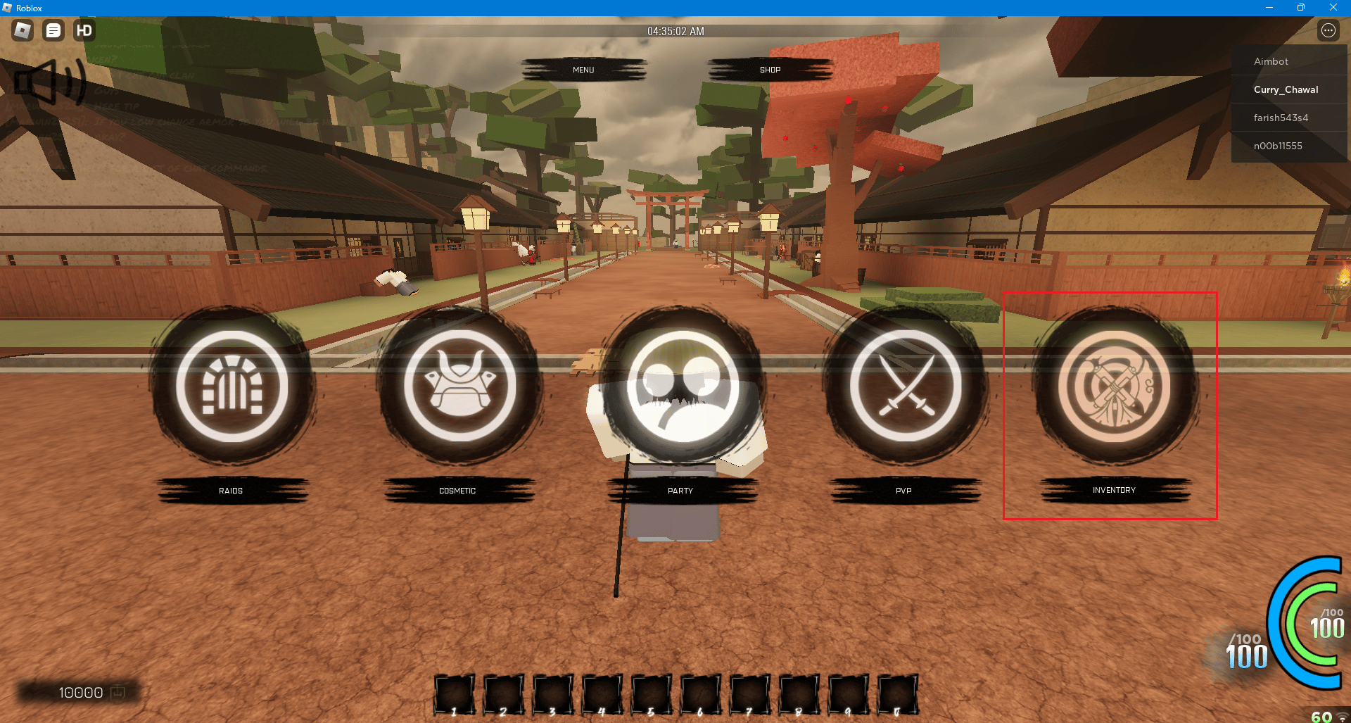 seleccione la opción de inventario en Roblox Blood Samurai 2