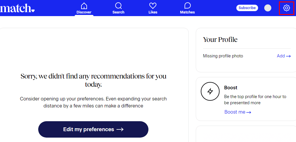 Haga clic en el icono de configuración en la esquina superior derecha de la pantalla.  |  Cancelación de 14 días de Match.com