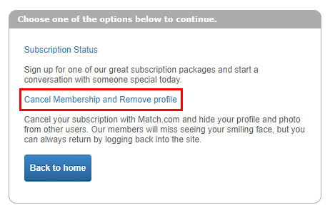Haga clic en Cancelar membresía y Eliminar perfil para cancelar su suscripción a match.com.  |  Cancelación de 14 días de Match.com y configuración de mi cuenta en Match.com