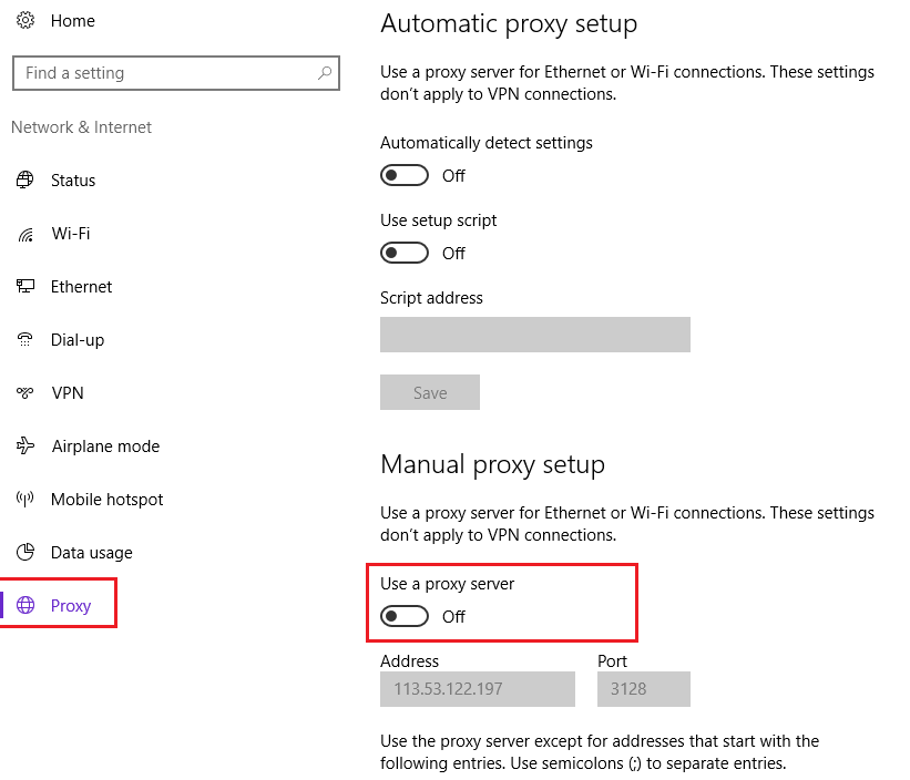 desactivar el servidor proxy