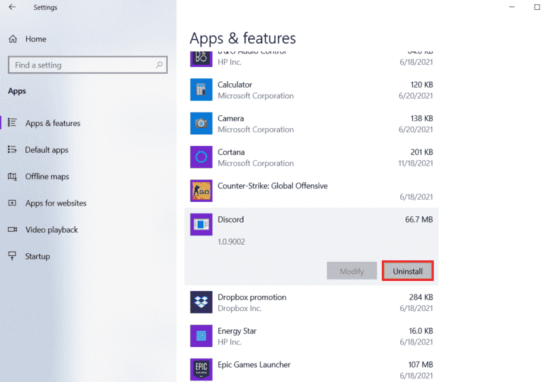 haga clic en Desinstalar Discord