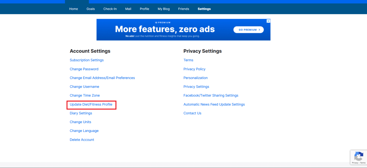 Haga clic en Actualizar meta de dieta/estado físico |  ¿Cómo se puede restablecer MyFitnessPal?