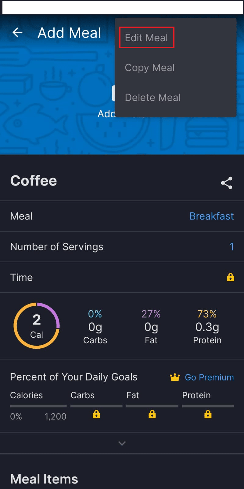 Haga clic en Editar comida.