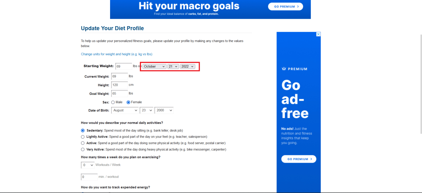 Haga clic en la fecha para cambiarla |  ¿Cómo se puede restablecer MyFitnessPal?