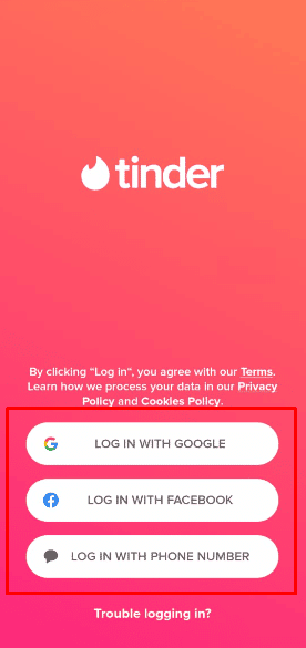 Toque la opción Iniciar sesión y elija cualquiera de las siguientes opciones de inicio de sesión deseadas |  iniciar sesión en Tinder sin un número de teléfono