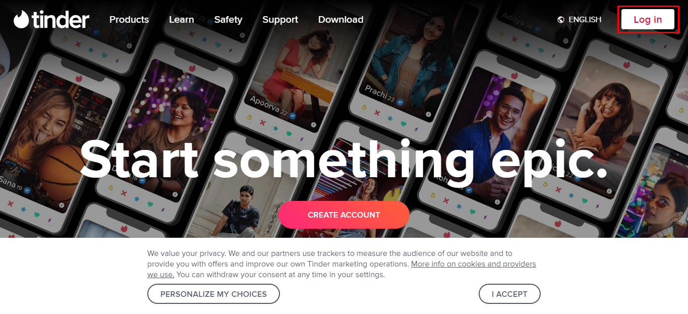 Haga clic en la opción Iniciar sesión presente en la esquina superior derecha de su pantalla |  mensaje en Tinder gratis
