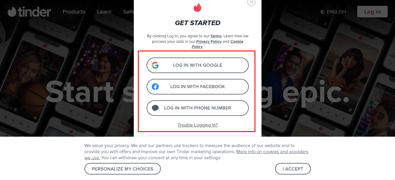 seleccione entre las opciones Iniciar sesión con Apple, Iniciar sesión con Facebook o Iniciar sesión con número de teléfono |  Cómo encontrar el nombre de usuario y la contraseña de inicio de sesión de Tinder