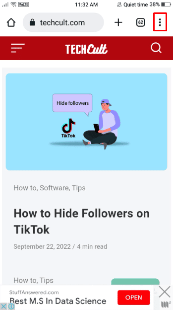 Toque el ícono de tres puntos verticales presente en la esquina superior derecha de su pantalla para acceder al menú desplegable de su cuenta |  iniciar sesión en Tinder sin un número de teléfono