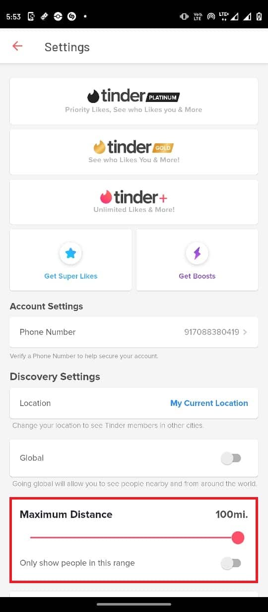 Localice la opción Distancia máxima. Cómo buscar a alguien en Tinder