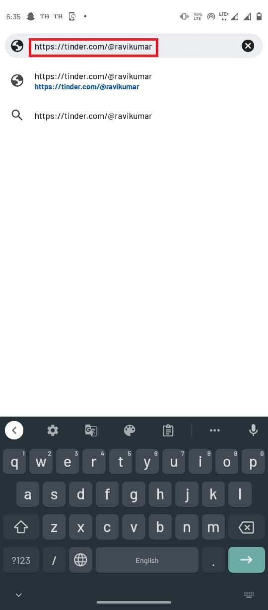 En la barra de búsqueda escriba https tinder com nombre de usuario y presione el botón Enter