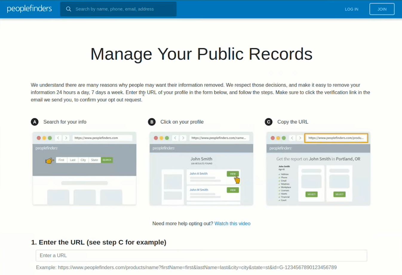 Página de exclusión de PeopleFinder