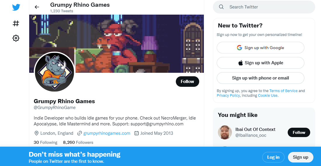 Identificador de Twitter de Grumpy Rhino Games