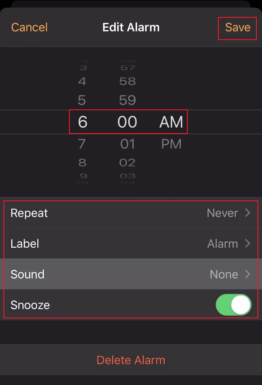 Configure la hora de la alarma con AM o PM - Configure Repetir - Etiqueta - Sonido - Posponer - Guardar | cambiar el sonido de la alarma de mi iPhone