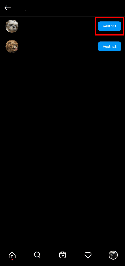Después de ingresar el nombre de la cuenta en el campo correspondiente, haga clic en Restringir junto a él.  |  ¿Puedes ocultar a quién sigues en Instagram?