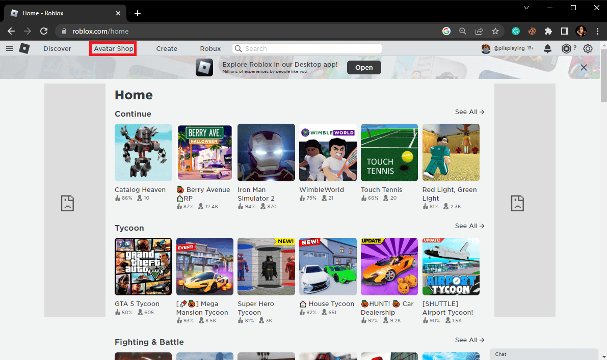 Ubique y haga clic en Avatar Shop en la página de inicio de Roblox