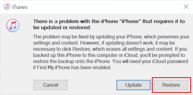 haga clic en la opción Restaurar de la ventana emergente en iTunes |  Cómo desbloquear un iPhone perdido encontrado
