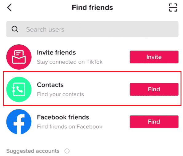 En la pantalla Buscar amigos, toque el botón Buscar junto a Contactos |  encontrar la cuenta secreta de TikTok de alguien