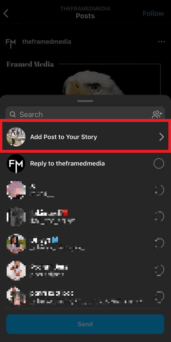 Toque Agregar publicación a su historia en el menú siguiente
